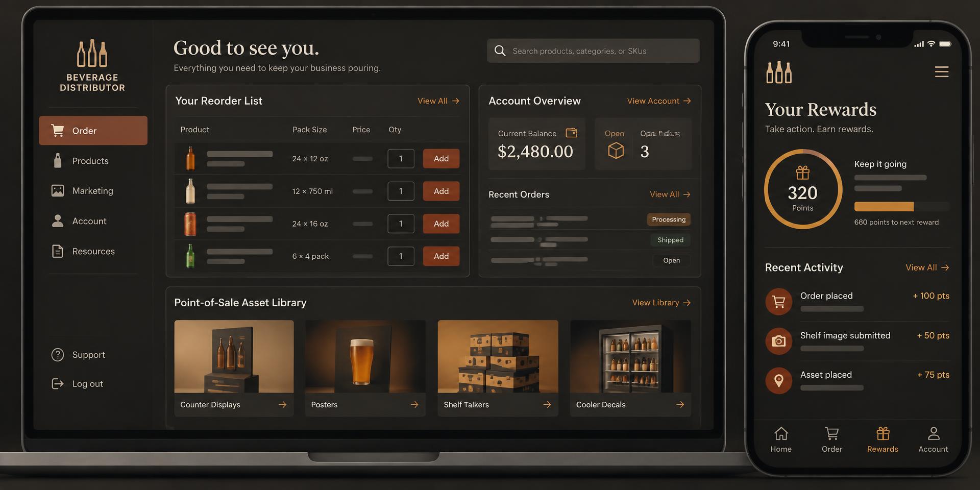 Illustrative recreation of the B2B commerce portal on desktop and phone: a reorder list, an account overview, a point-of-sale asset library and a rewards panel tied to actions