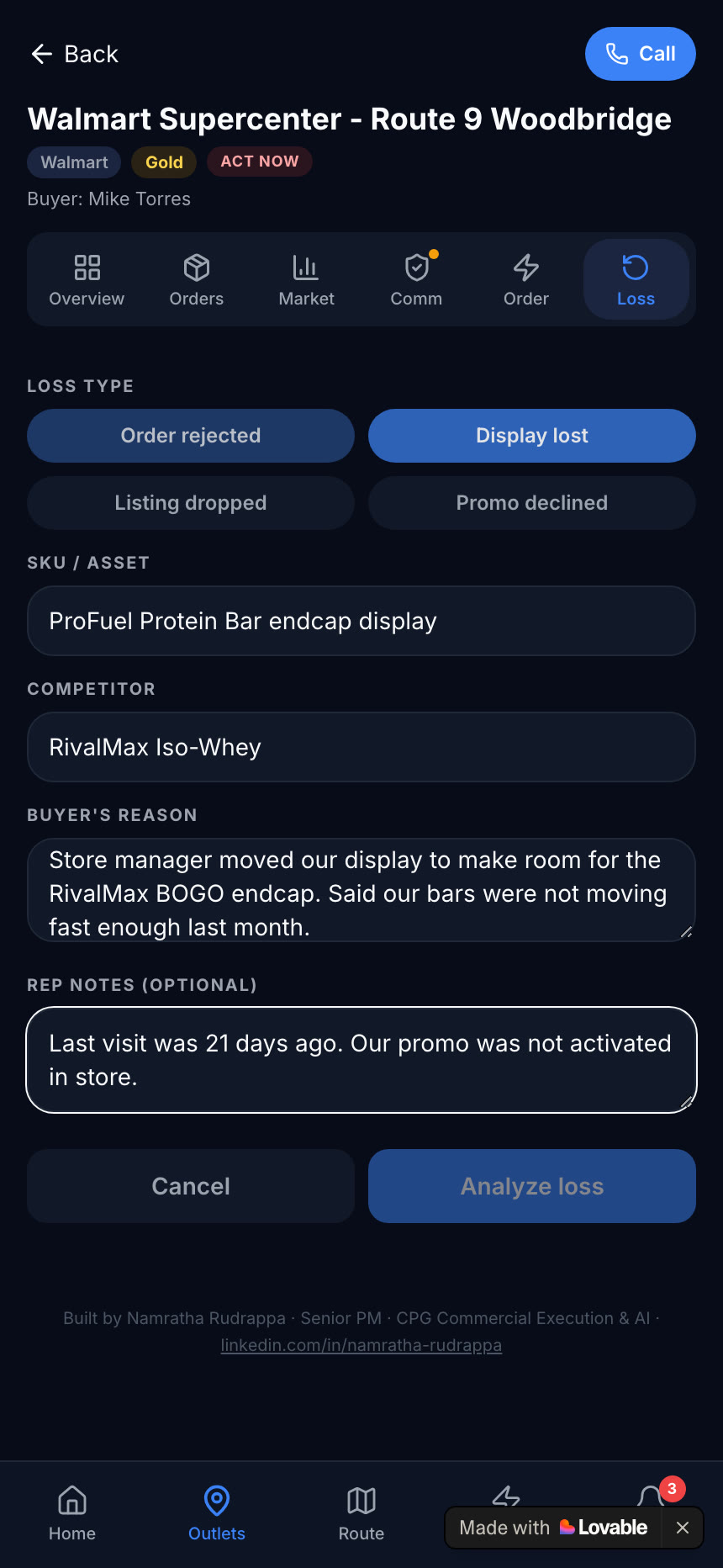 Loss tab form with loss type, SKU or asset, competitor, buyer's reason and rep notes